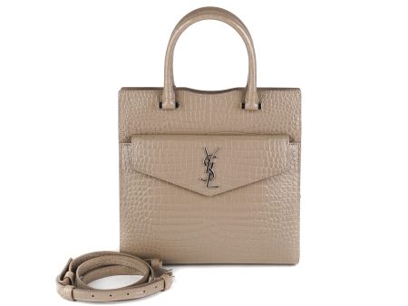 Saint Laurent Uptown Croc-Leather Tote Small Taupe For Sale