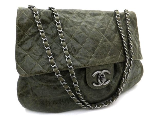 Authentic Chanel Green Coated Caviar Modern Maxi Jumbo Flapover Hot on Sale