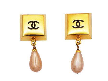 Chanel Vintage Rare Logo Square Block & Pearl Drop Earrings For Cheap