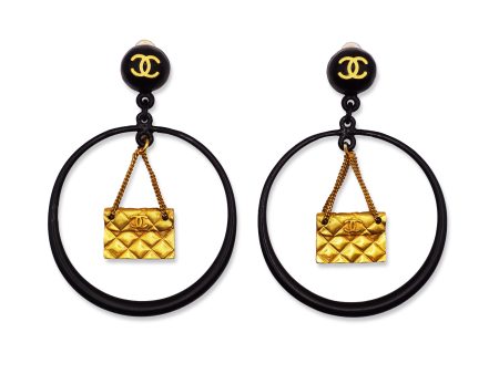 Chanel Vintage Rare XL Black Logo & Purse Charm Earrings on Sale