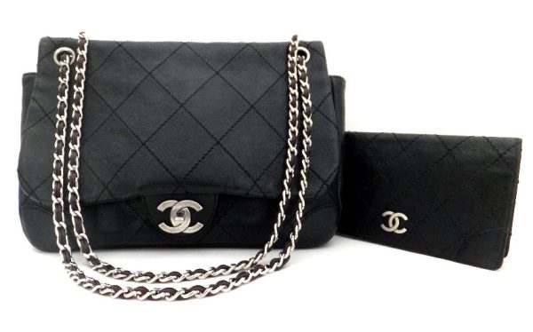 Authentic Chanel Black Caviar Distressed Jumbo + Wallet For Discount