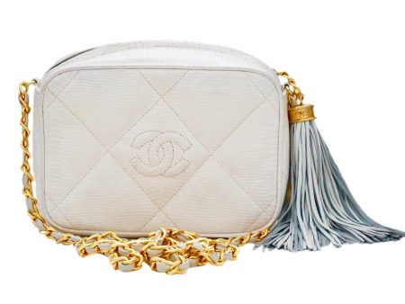 Authentic Chanel Vintage White Lizard Quilted Camera Style Handbag For Cheap