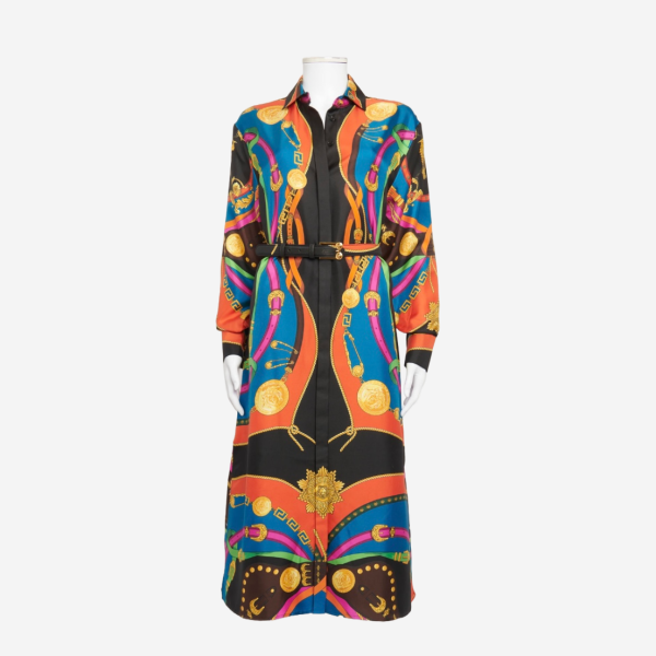 VERSACE - LONG SILK DRESS MULTICOLOR WITH BELT SIZE 38 IT Cheap