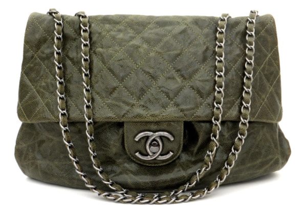 Authentic Chanel Green Coated Caviar Modern Maxi Jumbo Flapover Hot on Sale