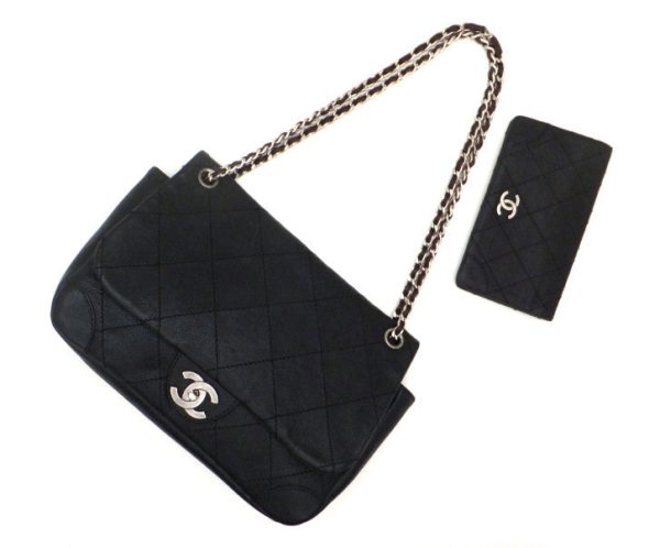 Authentic Chanel Black Caviar Distressed Jumbo + Wallet For Discount