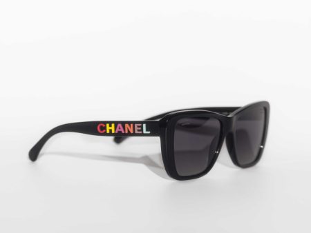 CHANEL - BUTTERFLY SUNGLASSES BLACK ACETATE WITH MULTICOLOURED CHANEL LETTERS on Sale