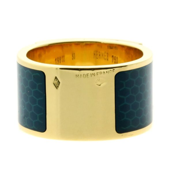 Hermes Collier De Chien Blue Enamel Gold Ring Sz 6 For Sale