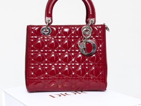 Dior Red Cannage Patent Leather Medium Lady Dior Tote Online Hot Sale