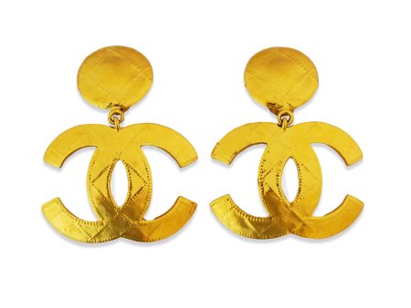 Chanel Vintage Rare XL Quilted Logo Hammered Earrings Online now