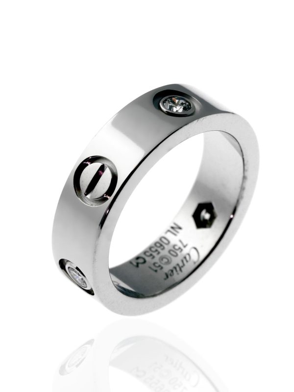 Cartier Love 3 Diamond Ring in 18k White Gold Sz 51 For Sale