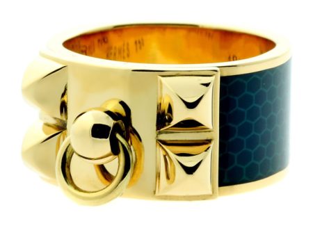 Hermes Collier De Chien Blue Enamel Gold Ring Sz 6 For Sale