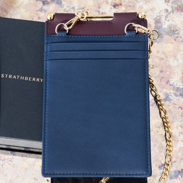 Strathberry Burgundy And Navy Leather Phone Holder On Chain For Cheap