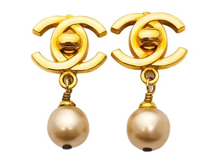 Chanel Vintage Rare Gold Turnlock Pearl Drop Earrings Online Sale