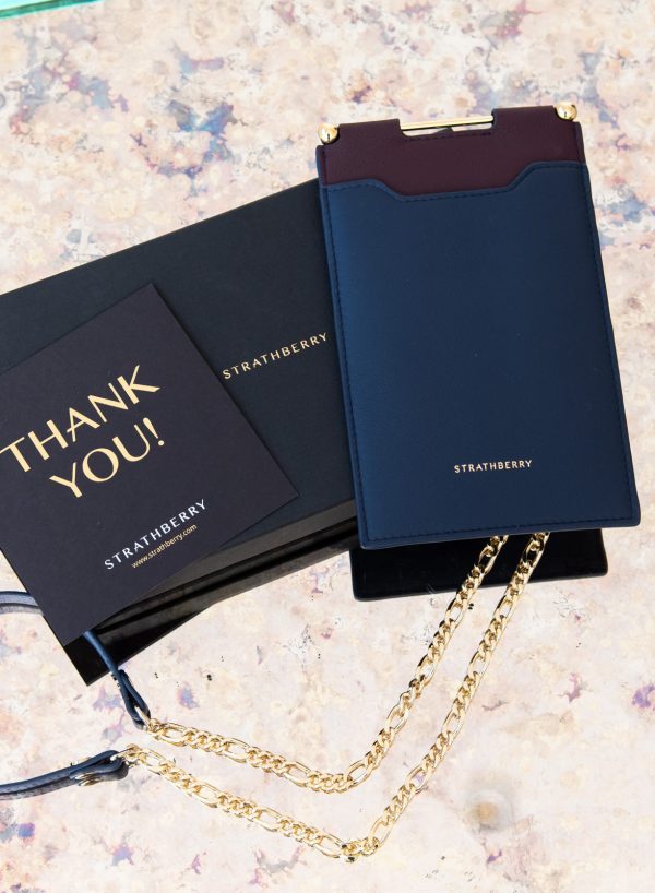 Strathberry Burgundy And Navy Leather Phone Holder On Chain For Cheap