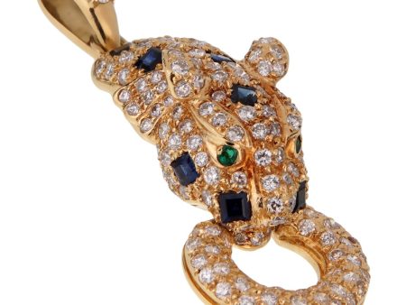 Adler Panther Diamond Sapphire 18k Yellow Gold Pendant For Cheap