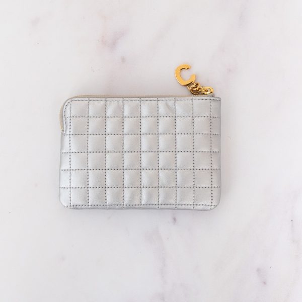 Celine C Charm Quilted Silver Leather Coin Purse For Sale