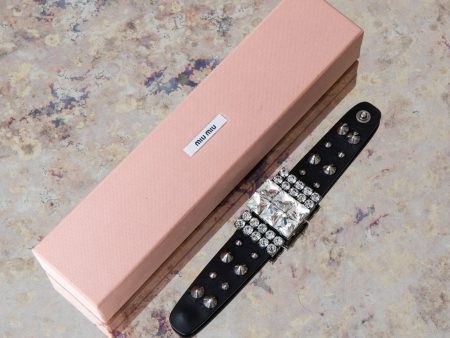 Miu Miu Crystal Embellished Cuff Leather Bracelet on Sale